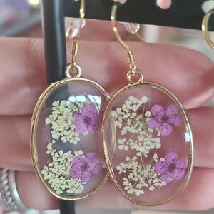Purple and White Pressed Flower Earrings Oval